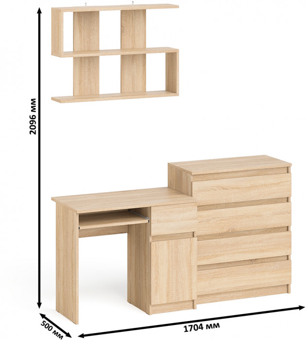 Мори компьютерный стол МС-1 правый + Комод МК800.4 + Полка 900, дуб сонома