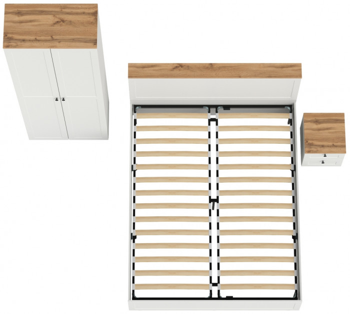 Остин 11.53 Кровать + ортопед + 16.307 Шкаф + 16.152 Тумба прикроватная, белый шагрень/дуб крафт золотой