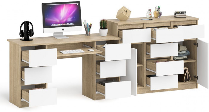 Мори Стол компьютерный МС-2 + Комод МК1200.4, цвет дуб сонома/белый, ШхГхВ 255,8х50х94 см., универсальная сборка