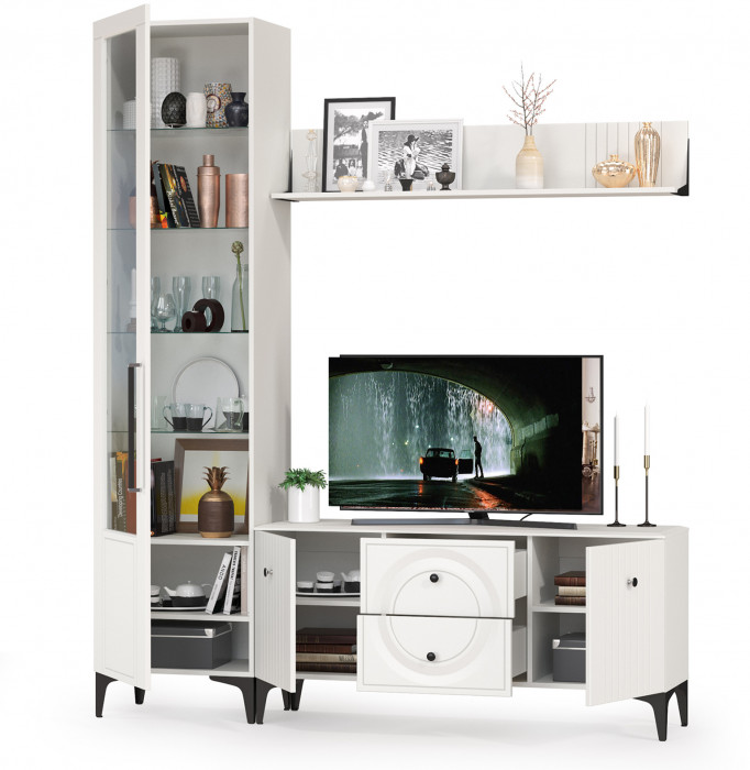 Валенсия Гостиная № 055, цвет ЛДСП белый шагрень/МДФ белый шагрень, ШхГхВ 188,1х38,3х225,2 см., универсальная сборка