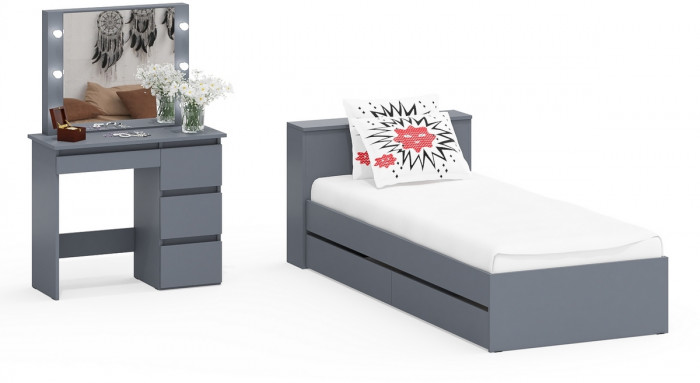 Ксения Кровать с ящиками 0900 + Стол косметический с подсветкой Сура, графит