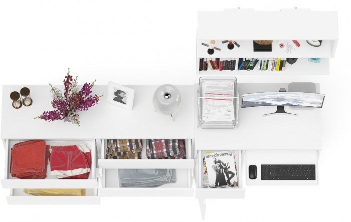 Мори Стол компьютерный МС-1 левый + Комод МК1380.6 + Полка 900, цвет белый, ШхГхВ 228х50х209,6 см., НЕ универсальная сборка