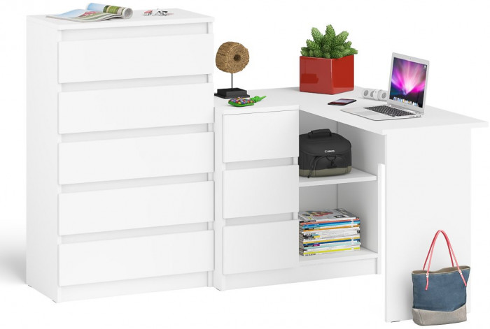 Мори Стол компьютерный МС-16 левый + Комод МК700.5, цвет белый, ШхГхВ 194,8х84,9х114 см., выдвижные ящики слева, НЕ универсальная сборка