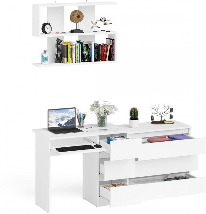 Мори Стол компьютерный МС-6 правый + Комод МК800.1 + Полка 900, цвет белый, ШхГхВ 170,4х50х209,6 см., НЕ универсальная сборка