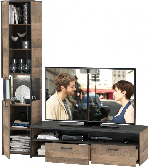 Трувор 13.70 Тумба под ТВ + 13.205 Шкаф-пенал с витриной, дуб гранж песочный/интра