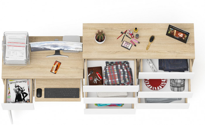 Мори компьютерный стол МС-1 левый + Комод МК1200.10, дуб сонома/белый