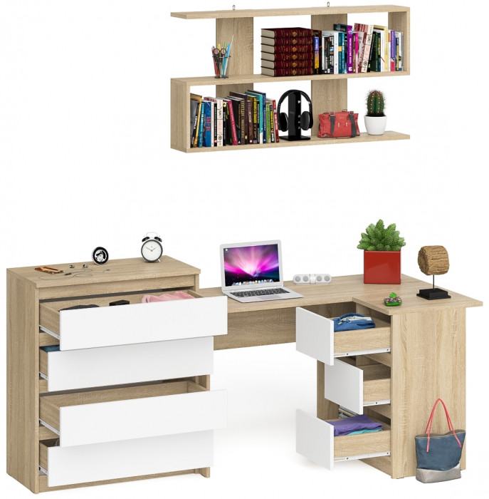 Мори компьютерный стол МС-16 правый + Комод МК800.4 + Полка 1200, дуб сонома/белый