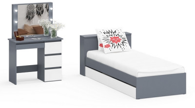 Ксения Кровать с ящиками 0900 + Стол косметический с подсветкой Сура, графит/белый