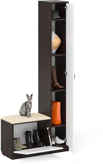 Прихожая П-6 Компоновка № 19, цвет венге/фасады МДФ белое дерево фрезеровка прованс, ШхГхВ 90х35х210 см., универсальная сборка