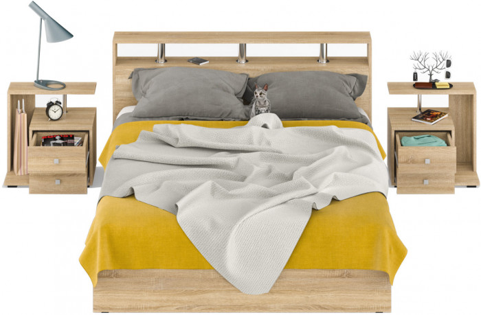 Камелия Кровать 1600 + две тумбы, цвет дуб сонома, ШхГхВ 276х217х78,2 см., сп.м. 1600х2000 мм., без матраса, основание есть