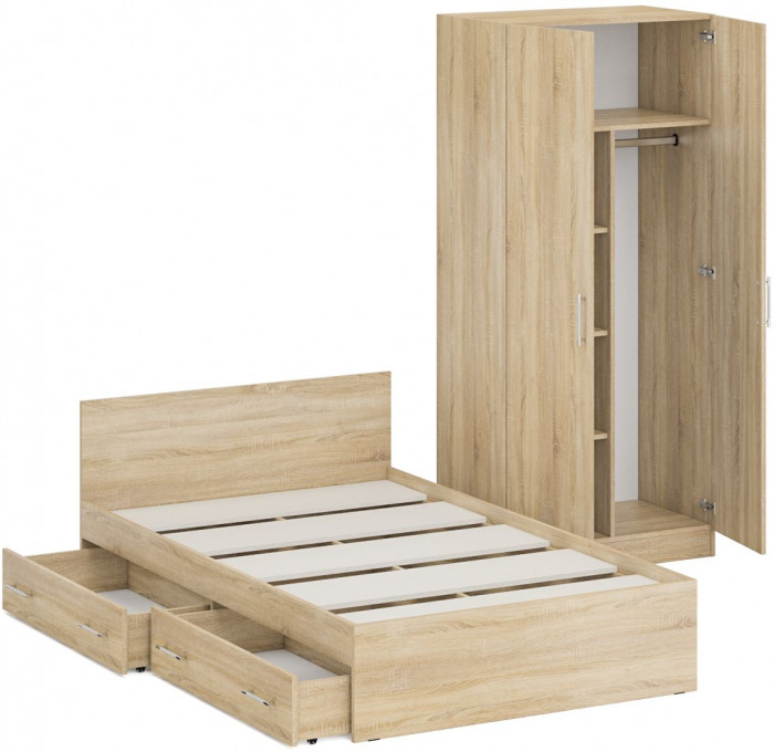 Кровать с ящиками 1200 + Шкаф 2-х створчатый Стандарт, цвет дуб сонома, ШхГхВ 123,5х203,5х70 + 90х52х200 см., сп.м. 1200х2000 мм., б/м, основание есть