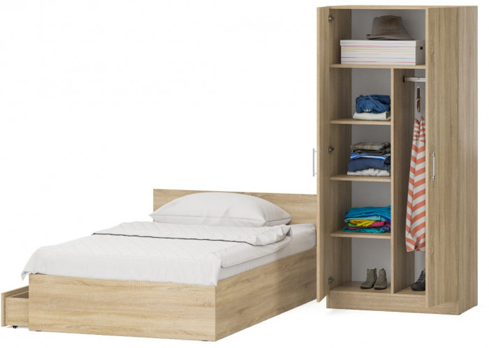 Кровать с ящиками 1200 + Шкаф 2-х створчатый Стандарт, цвет дуб сонома, ШхГхВ 123,5х203,5х70 + 90х52х200 см., сп.м. 1200х2000 мм., б/м, основание есть