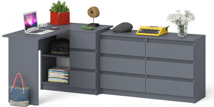 Мори Стол компьютерный МС-16 правый + Комод МК1200.6, цвет графит, ШхГхВ 244,8х84,9х76,6 см., выдвижные ящики справа, НЕ универсальная сборка