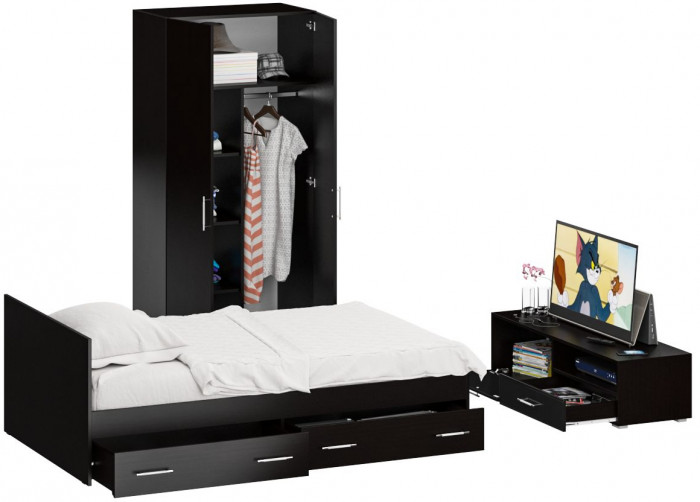 Спальня Стандарт 3-1200Я, венге/фасады ТВ тумбы МДФ чёрный глянец