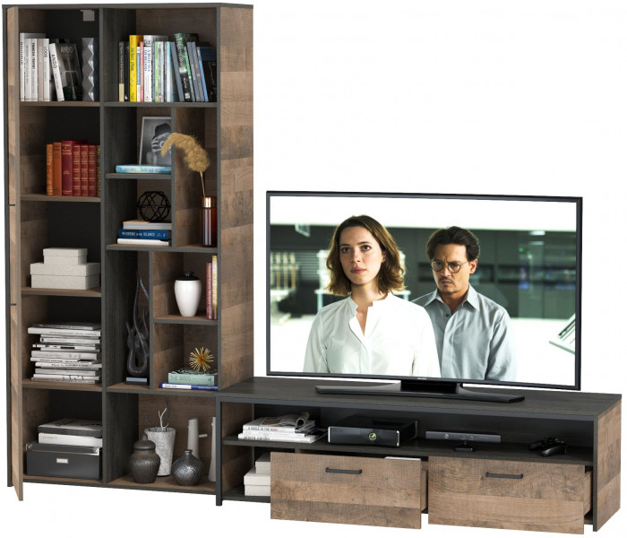 Трувор 13.70 Тумба под ТВ + 13.206 Шкаф-стеллаж, дуб гранж песочный/интра