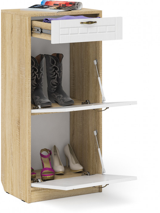 Прихожая П-6 Тумба для обуви 2 секции, цвет дуб сонома/фасады МДФ белое дерево фрезеровка прованс, ШхГхВ 50х35х108,3 см.