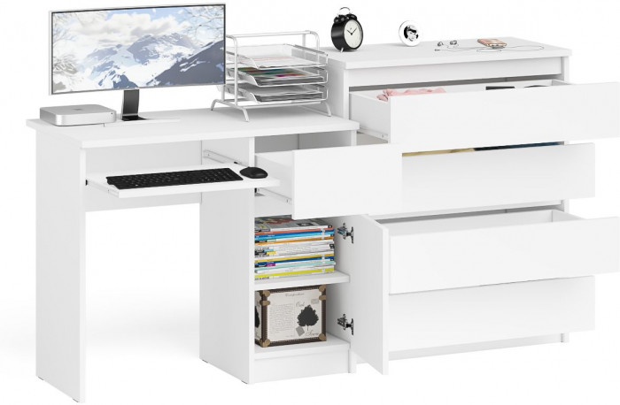 Мори компьютерный стол МС-1 правый + Комод МК800.4, белый