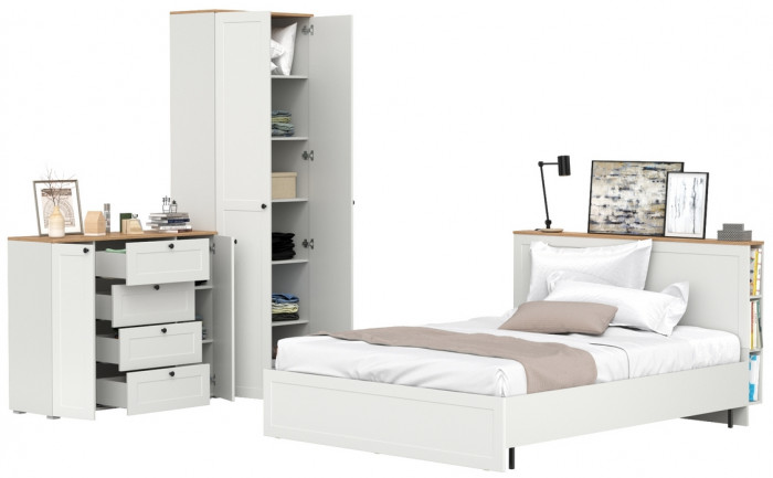 Остин 11.53 Кровать + ортопед + 16.307 Шкаф + 16.221 Комод, белый шагрень/дуб крафт золотой