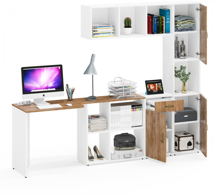 Лидер-8 Стол + Полка + Тумба МД 3.15 + Пенал, цвет белый шагрень/крафт золото, ШхГхВ 370х50/30х75/190 или 230х50/120х75/190  см., НЕ универс. сб.