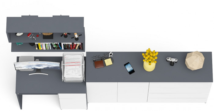 Мори Стол компьютерный МС-1 правый + Комод МК1600.1 + Полка 900, цвет графит/белый, ШхГхВ 250,4х50х209,6 см., НЕ универсальная сборка