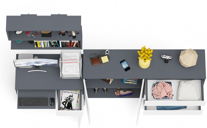 Мори Стол компьютерный МС-1 правый + Комод МК1600.1 + Полка 900, цвет графит/белый, ШхГхВ 250,4х50х209,6 см., НЕ универсальная сборка