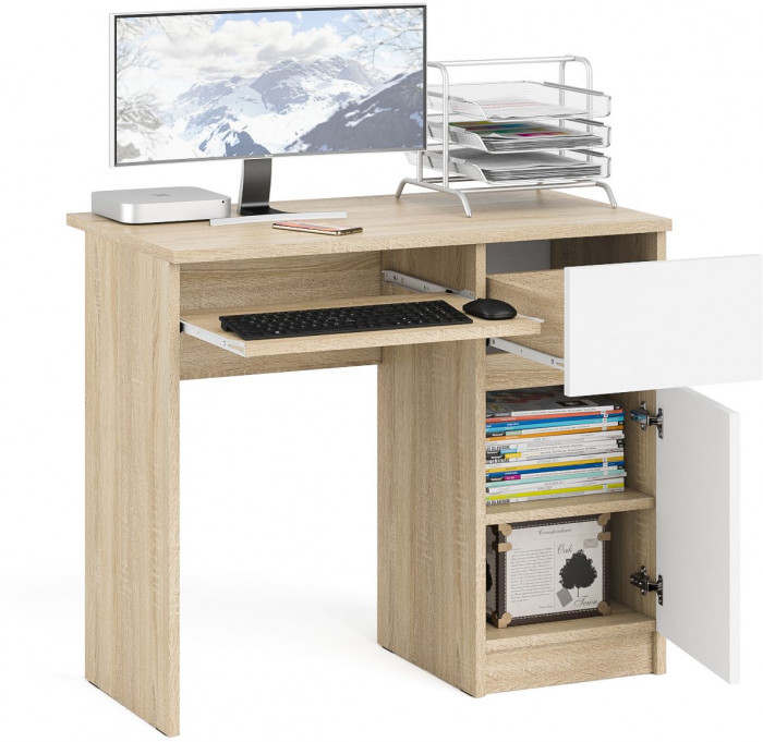 Мори Стол компьютерный МС-1 правый, цвет дуб сонома/белый, ШхГхВ 90х50х76,6 см., выдвижной ящик справа, НЕ универсальная сборка