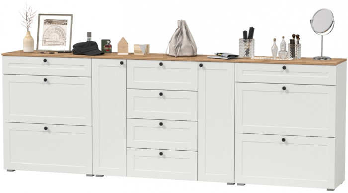 Остин 16.221 Комод + 16.121 Тумба для обуви + 16.121 Тумба для обуви, цвет белый шагрень/дуб крафт золотой, ШхГхВ 280х41,9х99,3 см., ун. сборка