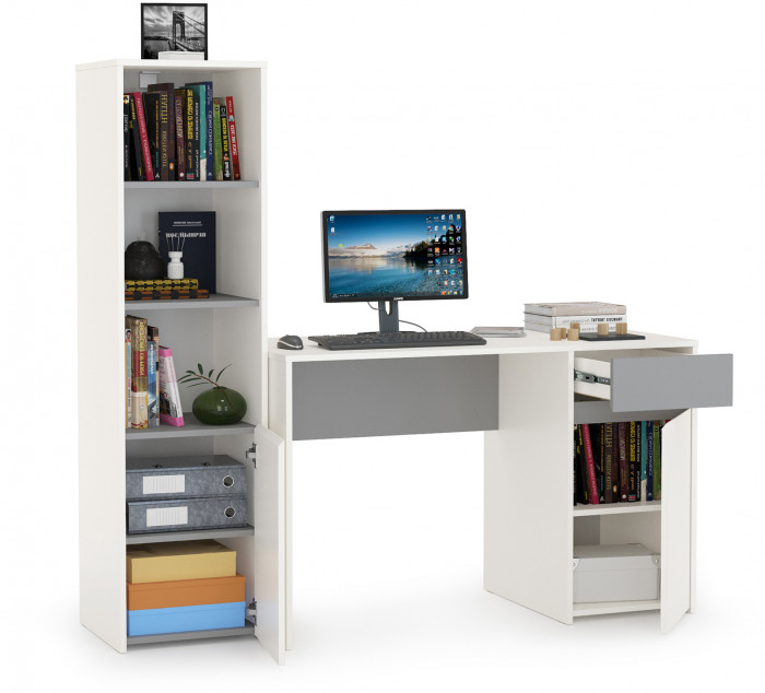 Торонто 12.149 Стол + 13.13 Шкаф комбинированный, цвет белый шагрень/стальной серый, ШхГхВ 160х53,1х149,7 см., универсальная сборка