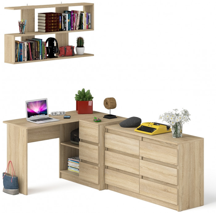 Мори компьютерный стол МС-16 правый + Комод МК1200.6 + Полка 1200, дуб сонома