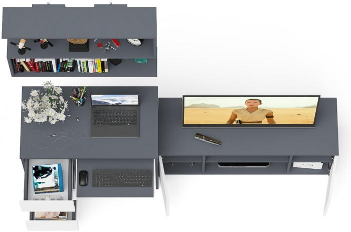 Мори Стол компьютерный МС-6 левый + Тумба МТВ1200.1 + Полка 900, цвет графит/белый, ШхГхВ 210,4х50х209,6 см., НЕ универсальная сборка