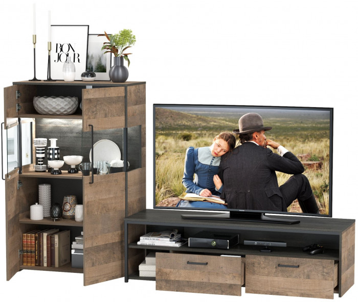 Трувор 13.70 Тумба под ТВ + 13.306 Комод с витриной, дуб гранж песочный/интра