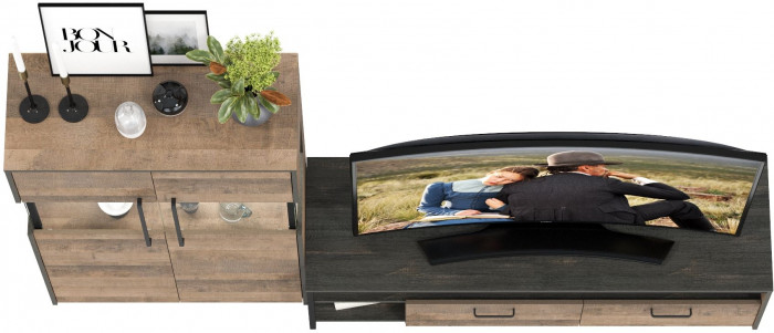 Трувор 13.70 Тумба под ТВ + 13.306 Комод с витриной, дуб гранж песочный/интра