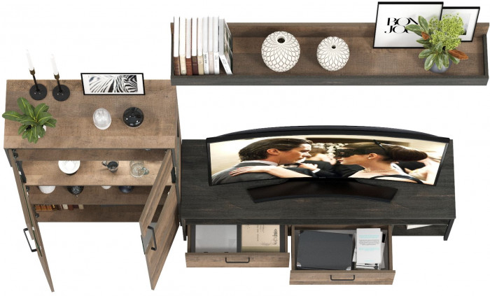 Трувор 13.70 Тумба под ТВ + 13.306 Комод с витриной, дуб гранж песочный/интра