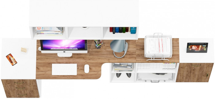 Лидер-8 Стол + Полка + Тумба МД 3.15 + Тумба МД 3.16, цвет белый шагрень/крафт золото, ШхГхВ 245х50/30х75/190 или 155х120/50х75/190 с, НЕ универс. сб.