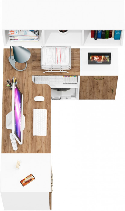 Лидер-8 Стол + Полка + Тумба МД 3.15 + Тумба МД 3.16, цвет белый шагрень/крафт золото, ШхГхВ 245х50/30х75/190 или 155х120/50х75/190 с, НЕ универс. сб.