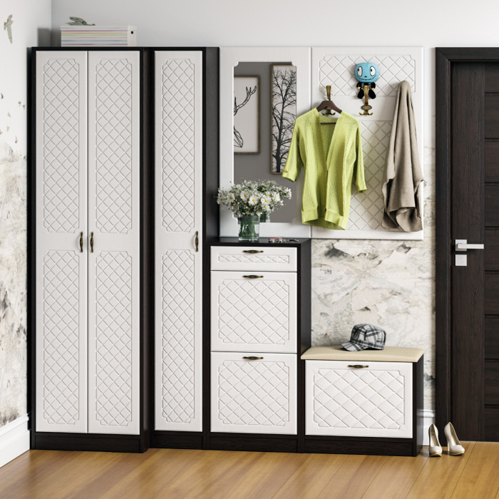 Прихожая П-6 Шкаф, цвет венге/фасады МДФ белое дерево фрезеровка ромб, ШхГхВ 60х50х210 см.