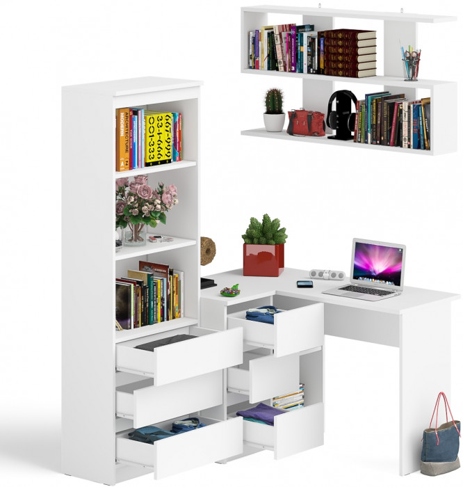 Мори компьютерный стол МС-16 левый + Стеллаж МСТ600.3 + Полка 1200, белый