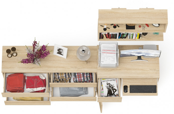 Мори Стол компьютерный МС-1 левый + Комод МК1380.6 + Полка 900, цвет дуб сонома, ШхГхВ 228х50х209,6 см., НЕ универсальная сборка