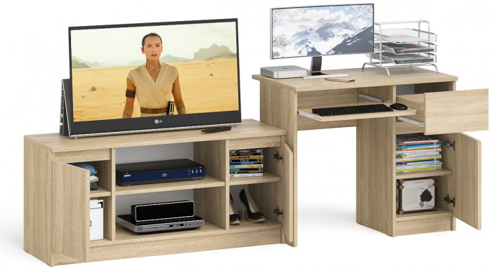 Мори Стол компьютерный МС-1 правый + Тумба МТВ1200.1, цвет дуб сонома, ШхГхВ 210,4х50х76,6 см., выдвижной ящик справа, НЕ универсальная сборка