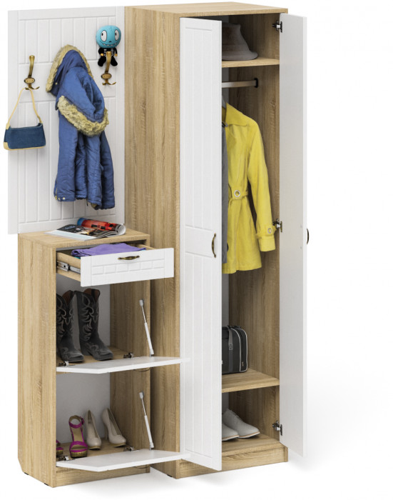 Прихожая П-6 Компоновка № 18, дуб сонома/фасады МДФ белое дерево фрезеровка прованс