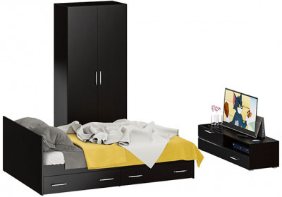 Спальня Стандарт 3-1400, венге/фасады ТВ тумбы МДФ чёрный глянец