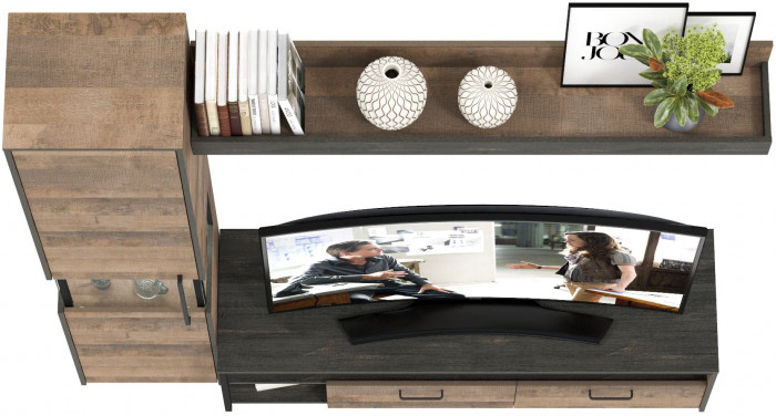 Трувор 13.70Тумба под ТВ +13.205 Шкаф-пенал с витриной +15.60 Полка, дуб гранж песочный/интра