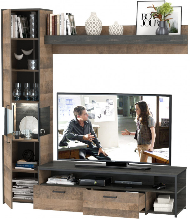 Трувор 13.70Тумба под ТВ +13.205 Шкаф-пенал с витриной +15.60 Полка, дуб гранж песочный/интра