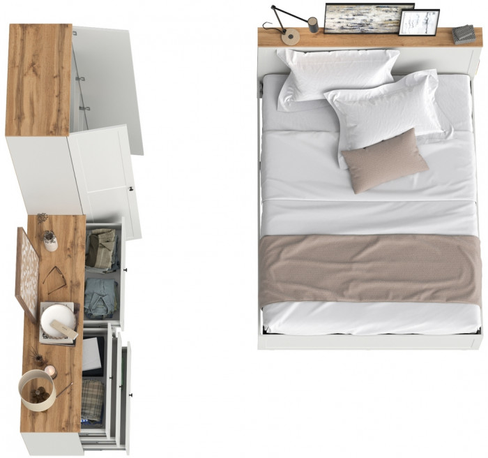 Остин 11.53 Кровать + ортопед + 16.307 Шкаф + 16.240 Комод, белый шагрень/дуб крафт золотой