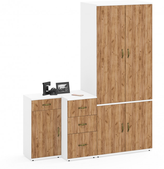 Лидер-8 Шкаф МД 19Б + Тумба МД 3.15 + Тумба МД 3.16, цвет белый шагрень/крафт золото, ШхГхВ 160х50х190 см., универсальная сборка