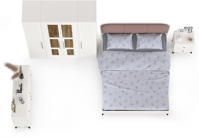 Валенсия Спальня № 32, цвет ЛДСП белый шагрень/МДФ белый шагрень/ткань велутто 19, ортопед есть, сп. м. 1600х2000 мм., б/м