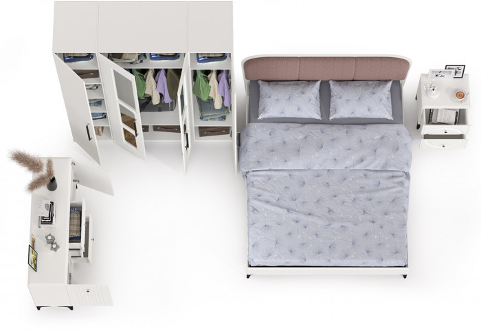 Валенсия Спальня № 32, цвет ЛДСП белый шагрень/МДФ белый шагрень/ткань велутто 19, ортопед есть, сп. м. 1600х2000 мм., б/м