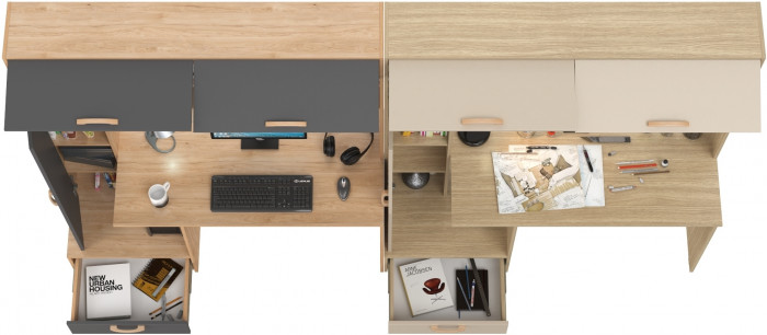 Два Стола письменных Лайт 03.243Н, цвет гикори рокфорд натуральный/тёмно-серый/плэйн/сатин, ШхГхВ 300,4х57,3х179,9 см., НЕ универсальная сборка