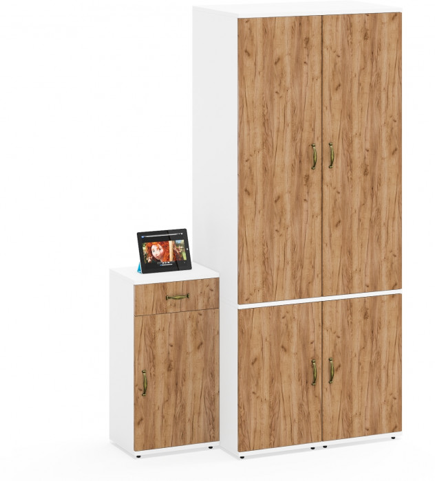 Лидер-8 Пенал МД 23Б + Пенал МД 23Б + Тумба МД 3.15, белый шагрень/крафт золото