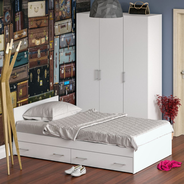 Спальня Стандарт 1-1200Я, цвет белый, ШхГхВ 123,5х203,5х70 + 135х52х200 см., сп.м. 1200х2000 мм., без матраса, основание есть